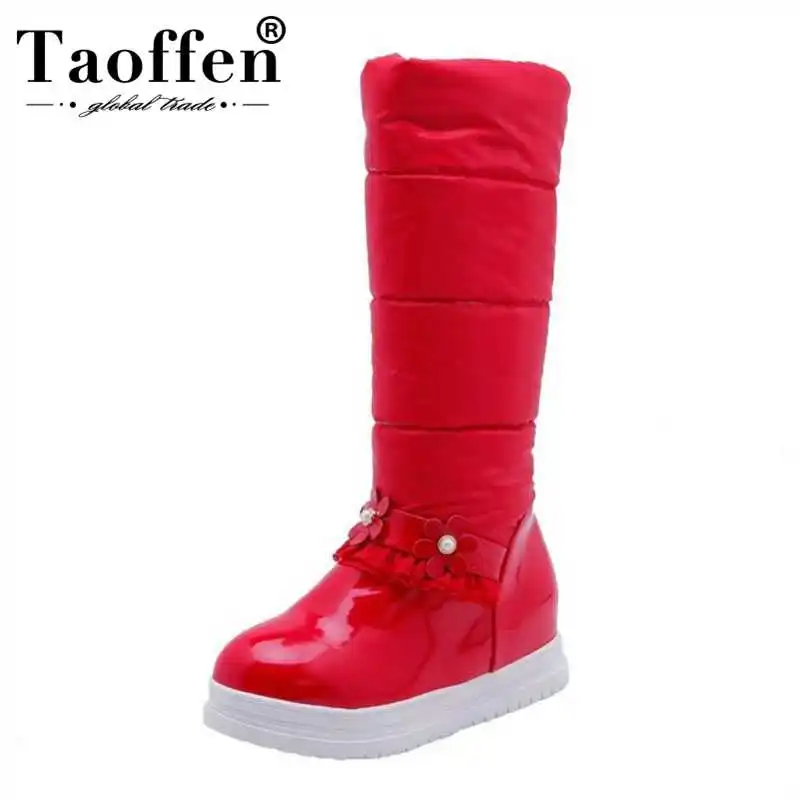 

Taoffen Women Winter Half Short Boots Plush Fur Keep Warm Cotton Shoes Women Fashion Flower Round Toe Flats Boots Size 33-43