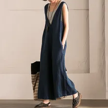 2019 Women Wide Leg Trouser Vintage Overalls Casual Sleeveless Strappy Jumpsuit Loose Rompers Plus Size Jumpsuits plus size plain loose wide legs jumpsuit