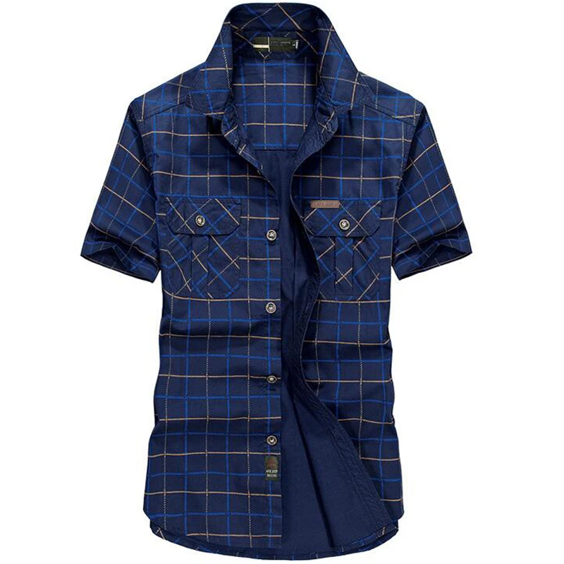 

100% Cotton Plaid Shirt Men Summer Casual Short Sleeve Shirts Mens Outwear Military Plaid 5XL Shirt Camisa Masculina Clothing