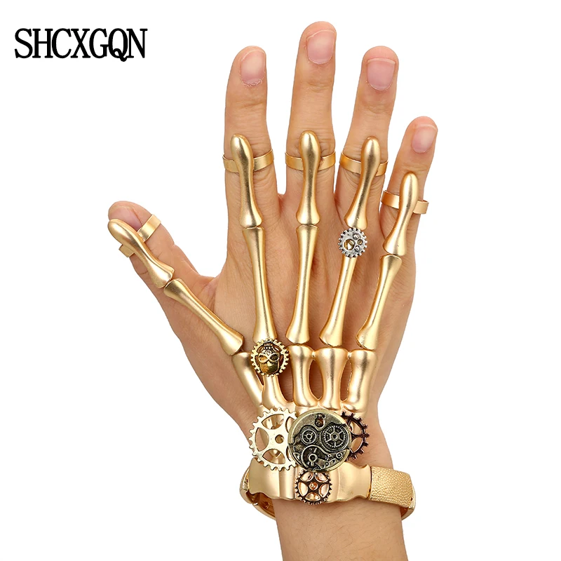 

Fashion Gold Punk Bracelets Bangles for Women Accessories Skull Skeleton Hand Elastic Steampunk Bracelet Bangle Men Jewelry Gift