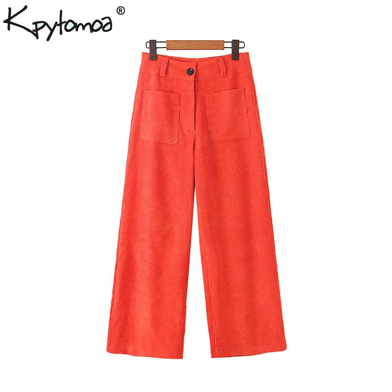 

Vintage Stylish Pockets Corduroy Wide Leg Pants Women 2019 Fashion Zipper Fly Office Lady Ankle Trousers Casual Pantalones Mujer