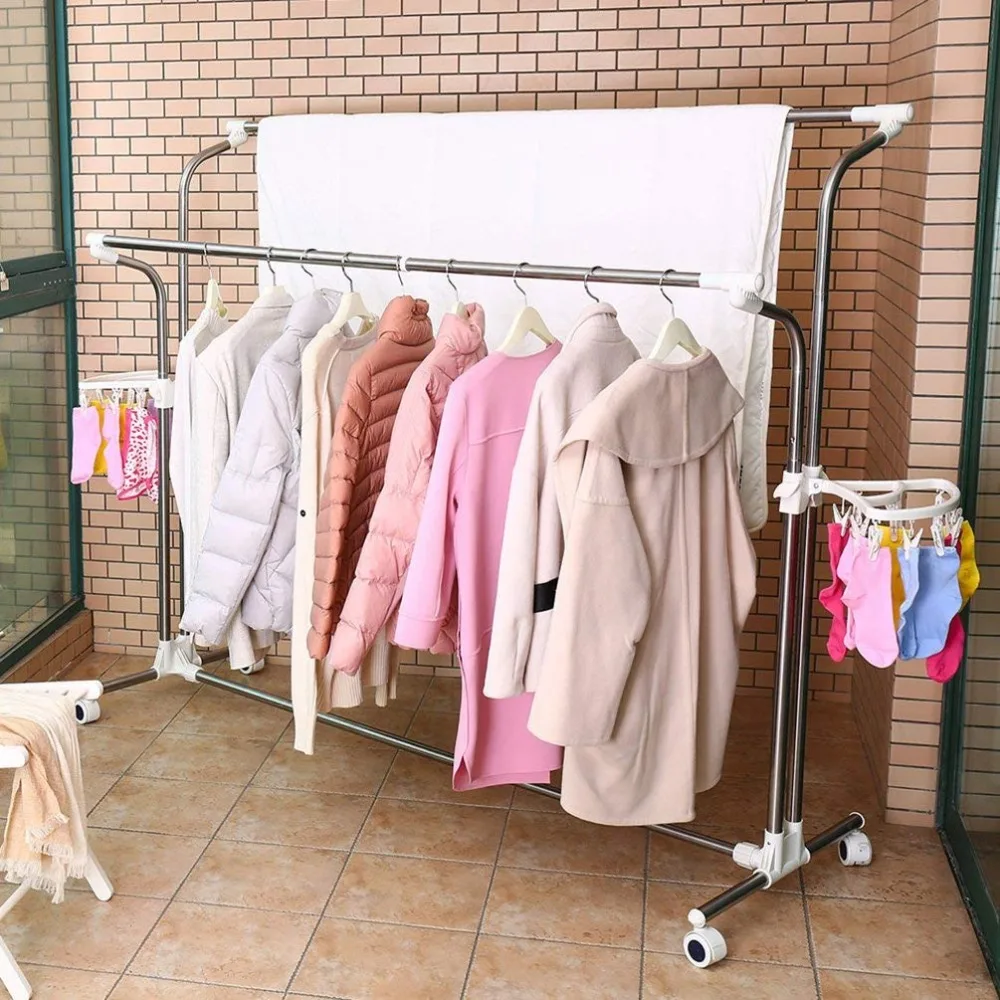  Movable Clothes Laundry Drying Rack Garment Rack Expandable Rails Rolling Adjustable Clothing Dryin