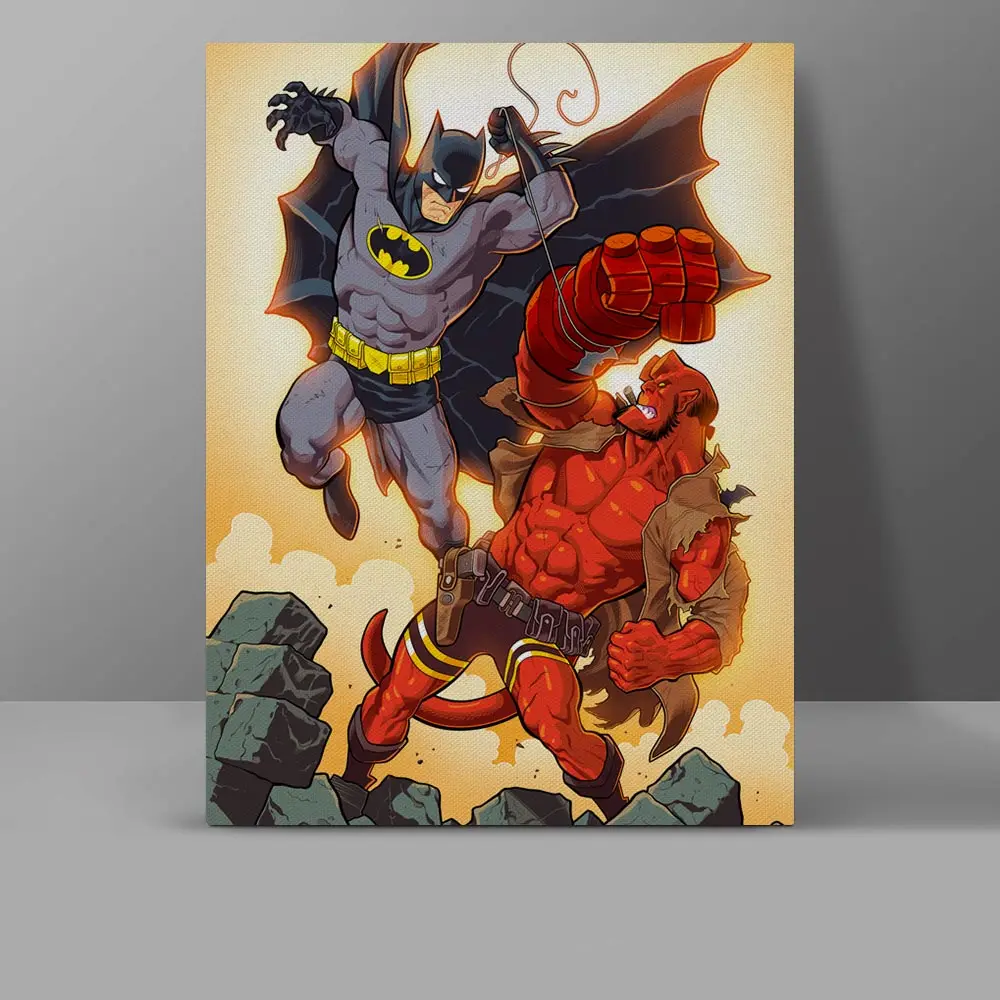 

The Big Duel Between Hellboy And Batman Wall Pictures Superhero Canvas Painting Comics Crossover HD Print Hanging Painting