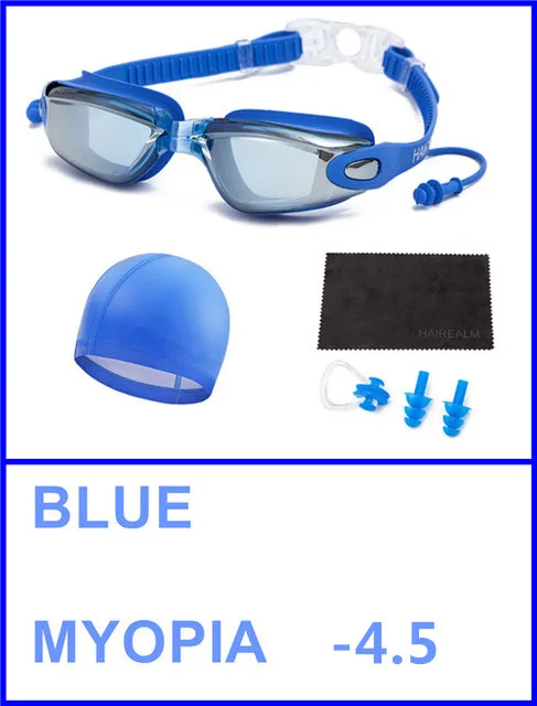 Очки для плавания по рецепту(близорукие 0-8,0 диоптрий), очки для плавания для близорукости+ шапочка для плавания+ зажим для носа+ беруши+ Сухая ткань - Цвет: Blue-Set Myopia 450