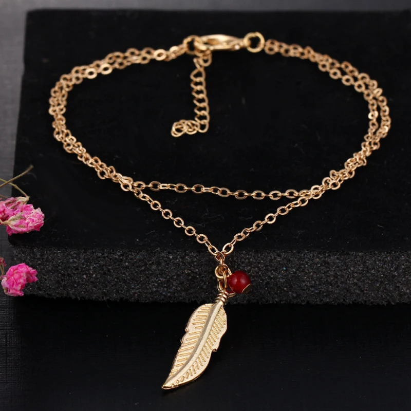 

New Double Layer Women Anklet Beads Feathers Leaves Anklets Gift Beautiful Gift Golden Silvery