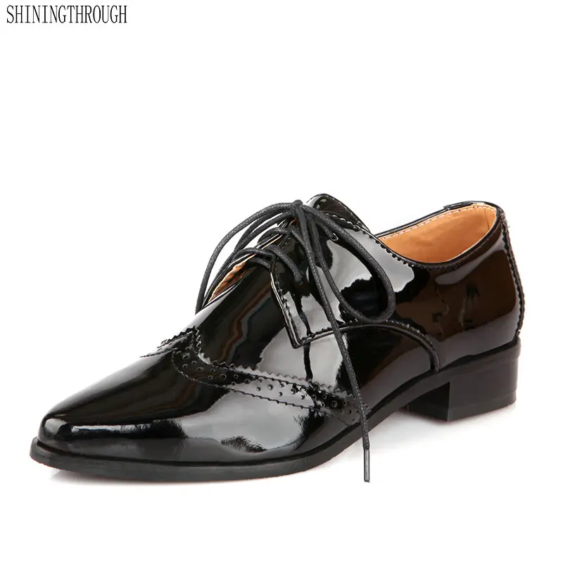 

2018 Square Low Heel Woman Pumps Patent Leather Spring Autumn Party Shoes Women Lace Up Black Casual Shoes Big Size 34-43