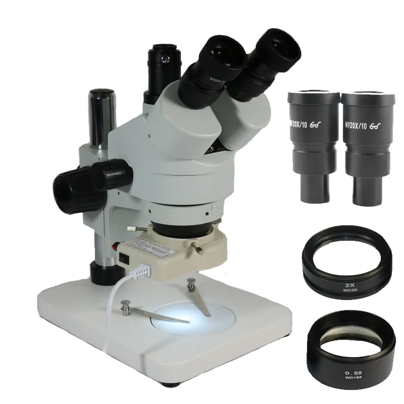 

3.5X-180X Simul-Focal Trinocular Stereo Microscope WF20X Eyepiece Microscopio For Soldering 2.0X 0.5X Objective Lens