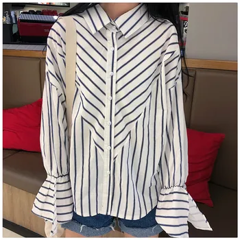 

Chic Oblique Stripe Women's Shirt Office Lady Cardigan Top Female Striped Women Blouses Turn-down Collar Camisa Feminina