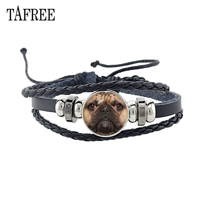 

TAFREE Fashion Animal Dog Leather Bracelet Handmade Glass Cabochon Pomeranian Poodle Sheepdog Handmade Jewelry CN76