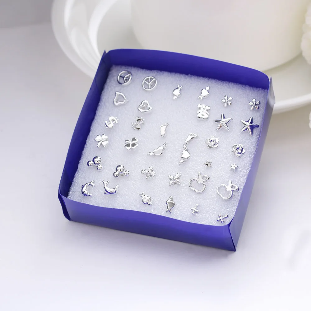 

18 Pairs Women Silver Plated Stud Earrings Set with Box Mixed Style Star Heart Moon Shaped Earrings Jewelry Metal Ear Studs