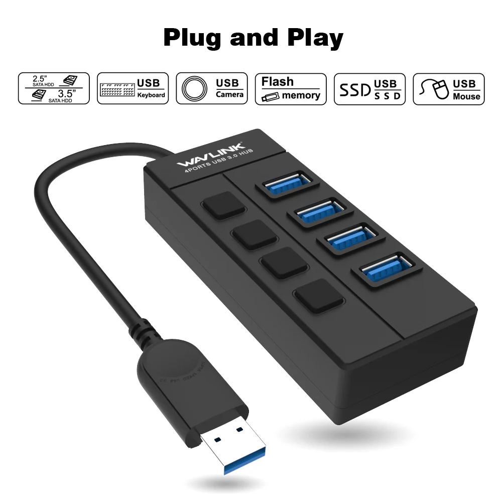 Wavlink Portable USB 3.0 Hub 4-Port Super Speed 5Gbps USB HUB With On/Off Switch USB Splitter Adapter Cable For Windows Mac OS Wavlink Portable USB 3.0 Hub 4-Port Super Speed 5Gbps USB HUB With On/Off Switch USB Splitter Adapter Cable For Windows Mac OS