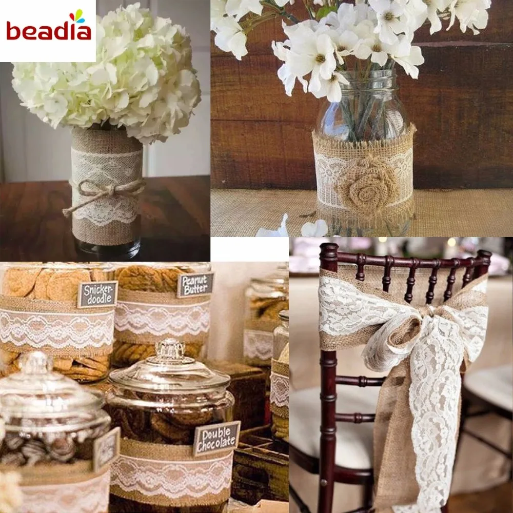 Width 5cm 2M/Roll Natural Jute Burlap Hessian Ribbon with Different White Lace For Rustic Wrap Gift Packing Wedding Decoration