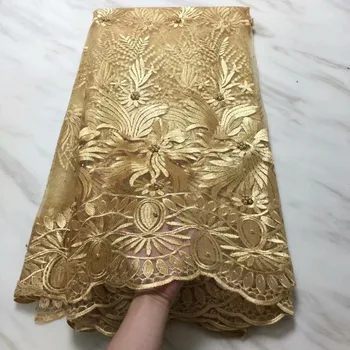 

2019 High Quality African Lace Fabric Gold French Net Embroidery with beads and stone Tulle Lace Fabric For Nigerian party Dress