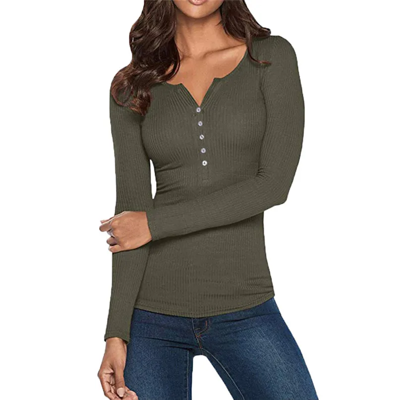 

Running T-Shirt Womens V Neck Henley Shirts Long Sleeve Solid Button Down Basic Sweater Tops Cotton Bottoming Shirt #2n20
