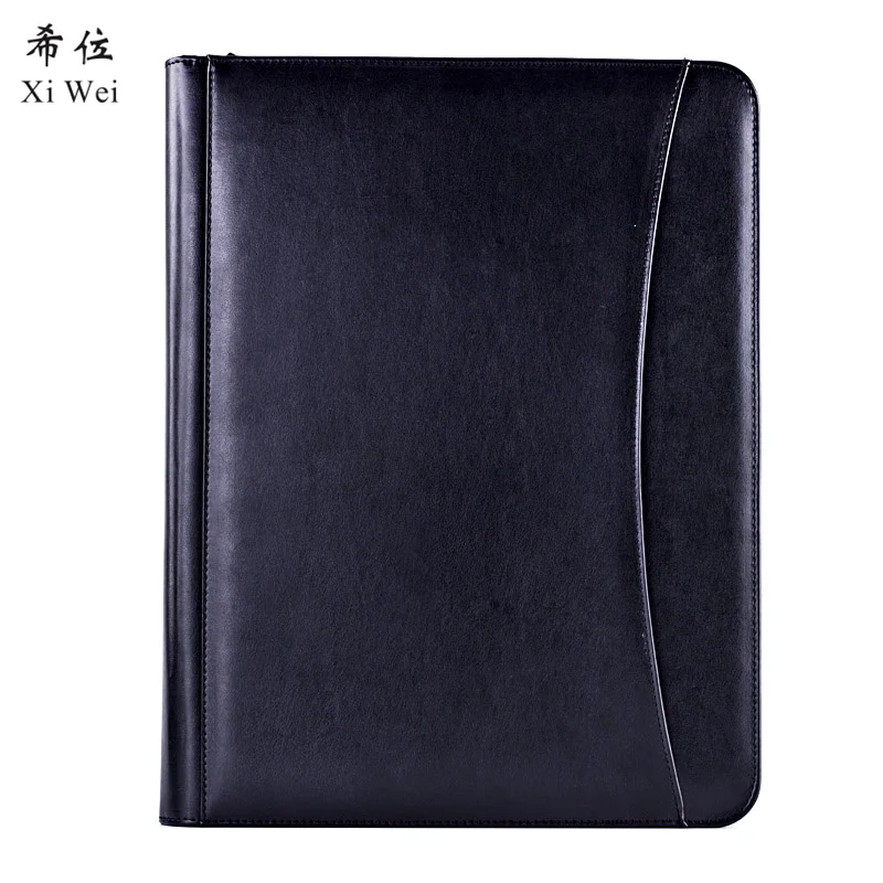 Pu Leather Portfolio Zipper File Folder Bag Notepad Multi function