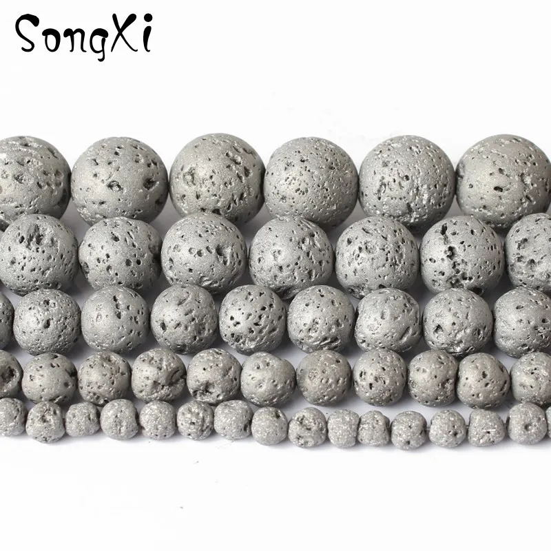 

Wholesale Natural Silver Plating Volcanic Rock Lava Round Beads for Jewelry Making 4/6/8/10/12 MM 15'' DIY Necklace Bracelet