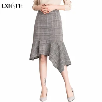 

LXMSTH Asymmetric Skirt Women Spring 2019 Formal Vintage Sexy Slim Pencil Skirts Plus Size Ruffle Patchwork Plaid Skirt Midi