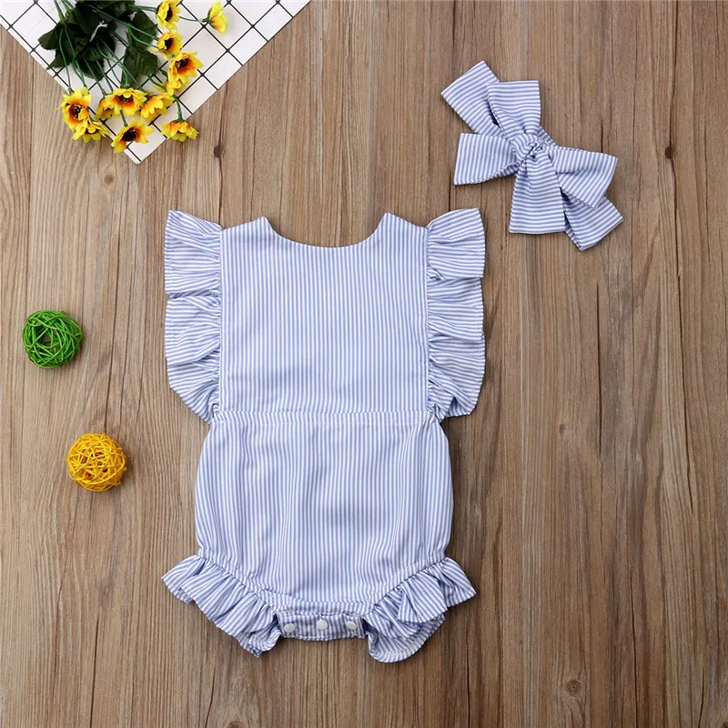 Baby Girl Striped Sets Clothing Summer 2Pcs Ruffles Sleeve Bodysuit Backless Sunsuit Bow Headband Cute Outfits 0-18M | Детская одежда и