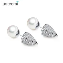 Luoteemi Новая мода двойной сбоку имитация жемчуга конические Форма микро CZ Серьги-гвоздики коктейль ювелирные изделия brincos для Для женщин