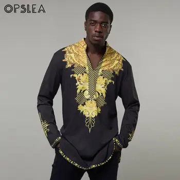 

Opslea Dashiki African Men Black Classic Print Shirt 2019 Autumn V Neck Long Sleeves Top African Fashion Casual Slim Fit Shirt