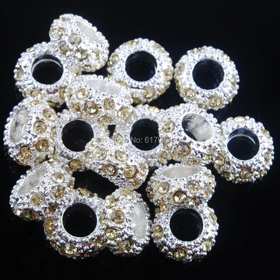 New Big Hole Light yellow Crystal Rhinestone Round Rondelle Charm Spacer Beads Fit European
