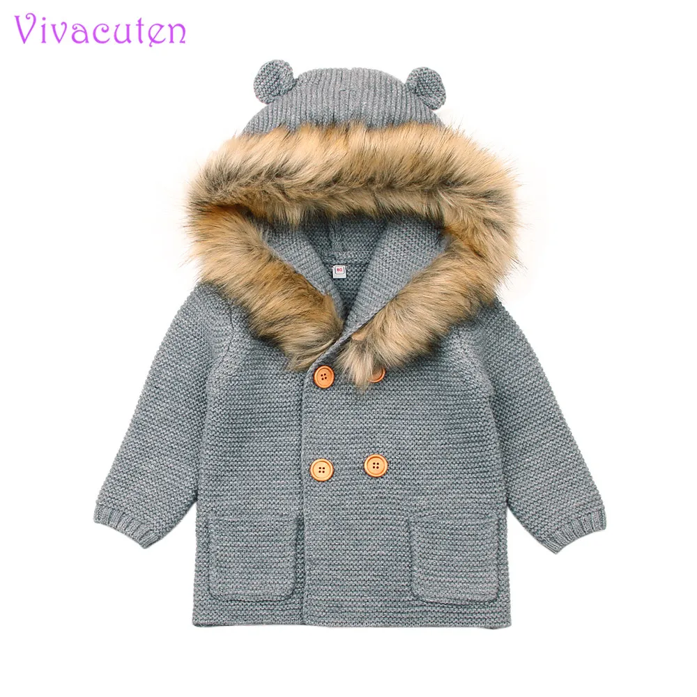 

Winter Warm Newborn Baby Sweater Fur Hood Detachable Grey Infant Boys Girl Knitted Cardigan Fall Outwear Children Knitwear