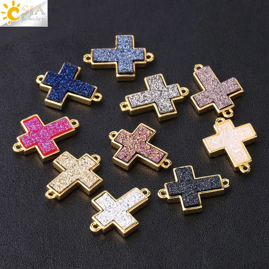 

CSJA Unisex Cross Gems Stone Beads 10pcs Gold Color Double Buckle Bracelet Connectors for Men Women Christan Jewelry Making S362