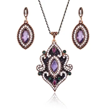 

Indian Wedding Jewelry Sets For Women Antique Gold Color Full Rhinestone Multi Color Crystal Pendant Necklace And Earrings Set
