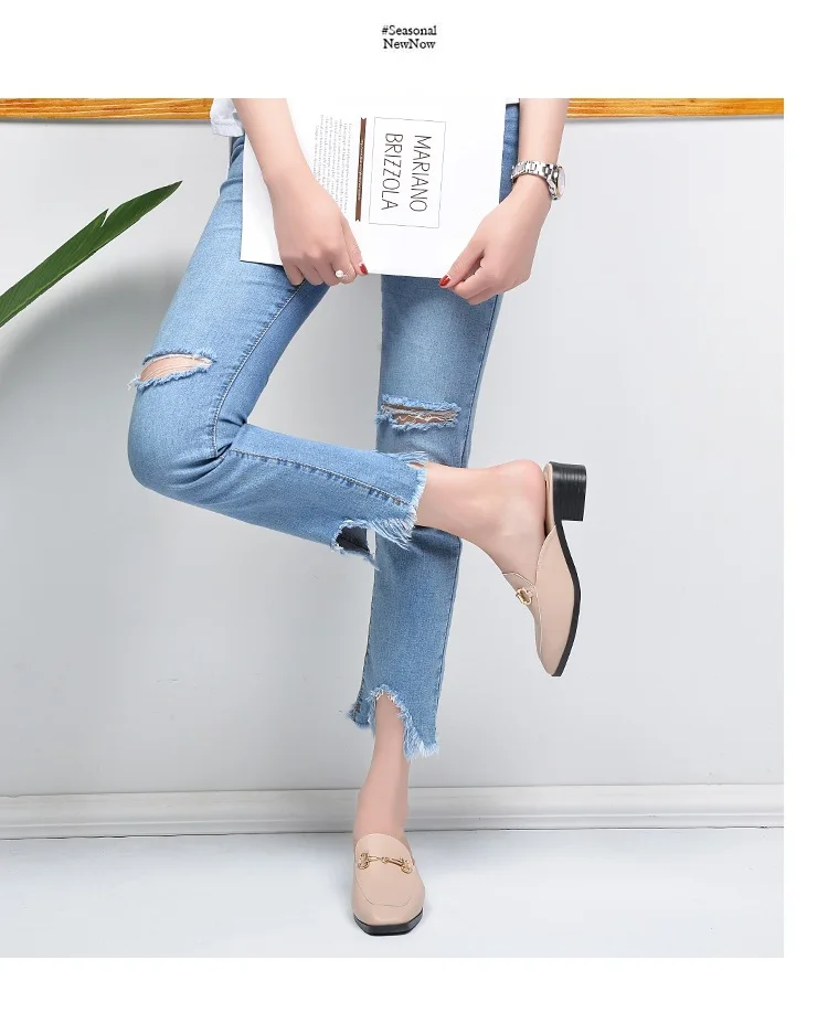 Summer Fashion Genuine Leather Mules Block Heels Shoes Woman Slipper Modis Black Casual Shoes Women Ladies Sliders Female