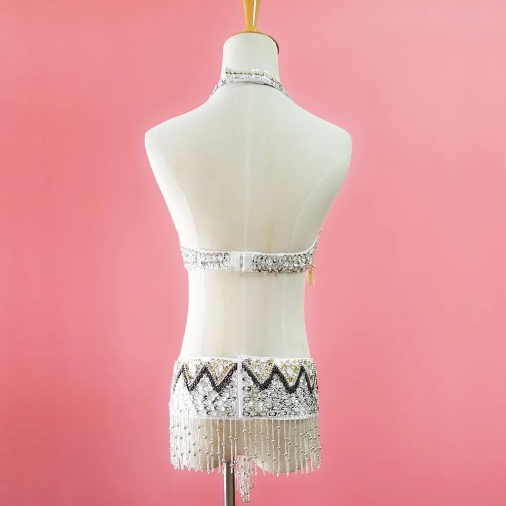 2018 Oriental Women Belly Dance Clothes Eastern Style Beaded Top and Belt 2pcs Set Beaded Costumes for Belly Dance Bra Belt
