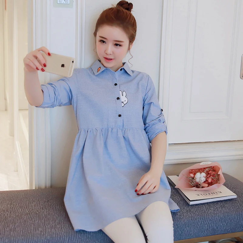 Spring autumn embroidered dress new fashion korea style long sleeve cotton cute blue dress