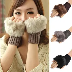 1 пара зима для женщин трикотажные Мех животных шерстяные перчатки утолщаются теплые модные короткие вязаные перчатки без пальцев Сгущает