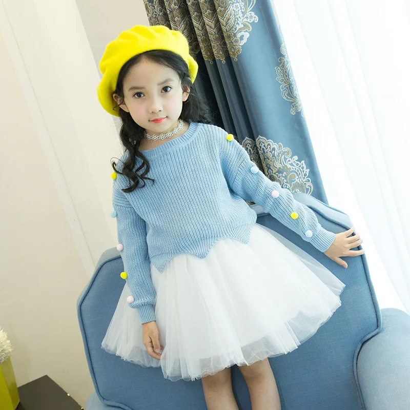 Baby Girl Dress 2017 Winter Girl  Knitted Sweaters Long Sleeved Dress Korean Child Female   Patchwork Lace Baby Princess Dress