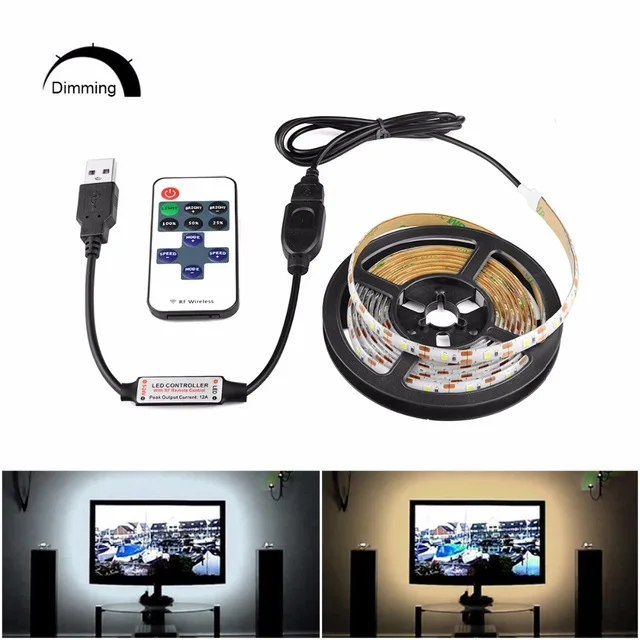 

Dimmable DC 5V Warm white USB LED strip light LED lamp 2835 SMD USB charger port strip tape + RF IR RGB remote control 1m 2m 5m