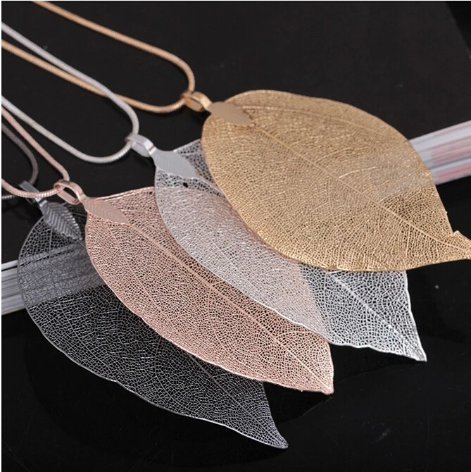 

New Arrival Unique Golden True Leaf Leaves Fashion Brand Maxi Long Rope Chain Statement Pendant Necklace for Women
