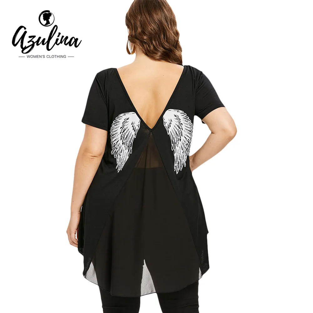 AZULINA Plus Size Wing Print High Low T-Shirt Summer V-Neck...