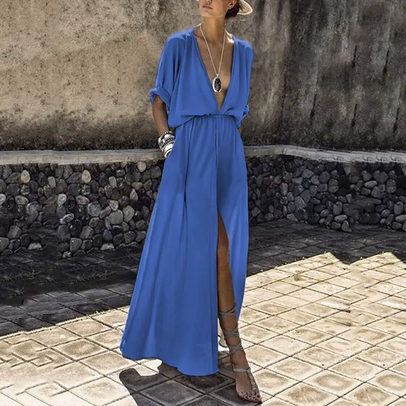 Сексуальное женское платье с глубоким v-образным вырезом с разрезом, Повседневное Платье макси с рукавом до локтя, свободное однотонное платье в стиле ампир, летнее элегантное платье длиной до щиколотки - Цвет: Синий