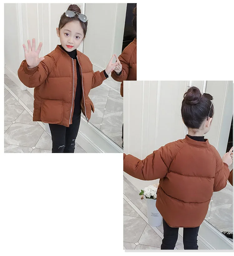 Children's Parkas Solid V-neck Zipper Cotton Jacket For Big Girls Winter Coat Kids Warm Thick Tops Baby Girl Padded Outerwears (17)