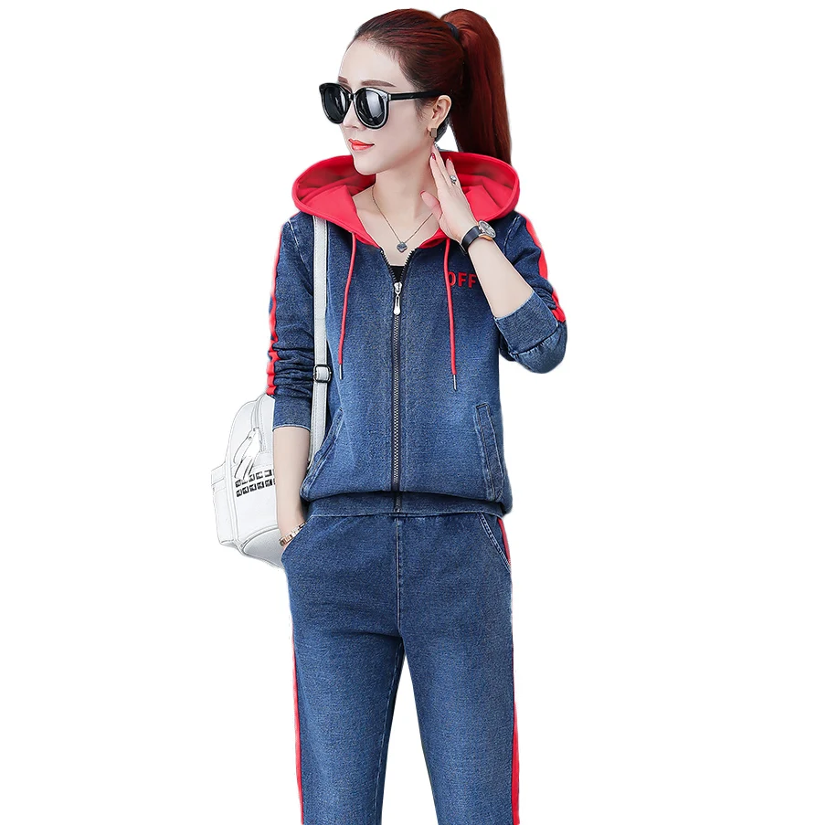 

Plus Size 2019 Spring New Cowboy Long Sleeves Womens Sweatshirt hoodies Tops Jeans Two Piece Denim Female Sets Conjunto Feminino