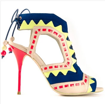 

Colorblock Suede Metallic Leather Lace-Up Ladies High Heel Sandals Patchwork Fashion Women Summer Sandals