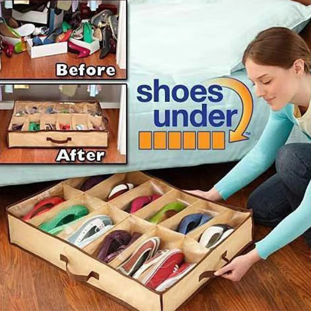 12 Cells Foldable Underbed Shoes Closet Storage Holder Shoebox Holder Organizer w/Front Zippered