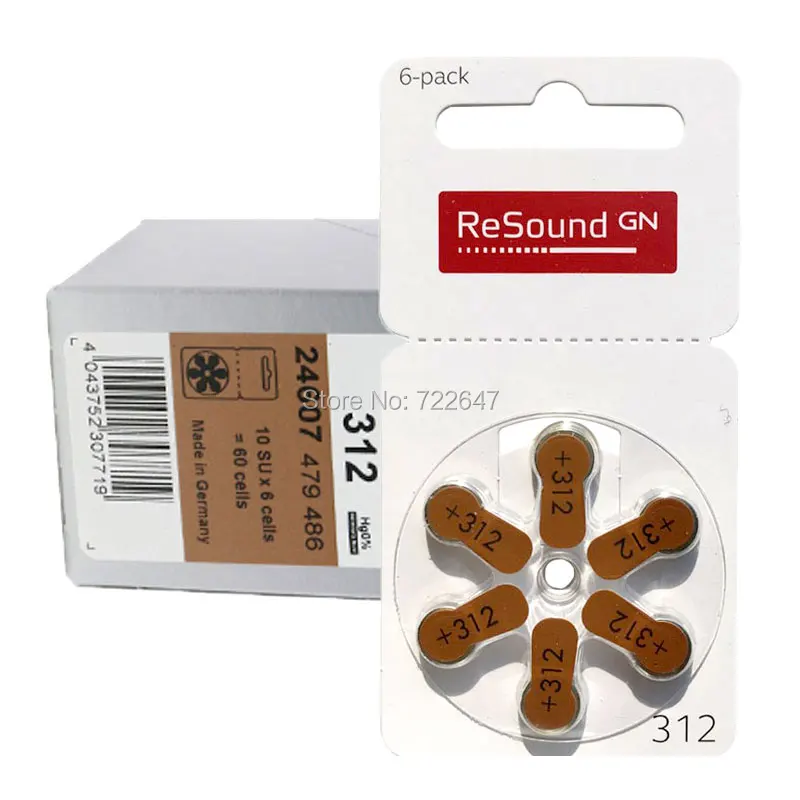 60 x Resound Hearing Aid Batteries 312 a312 312a p312 pr41 1.45v for