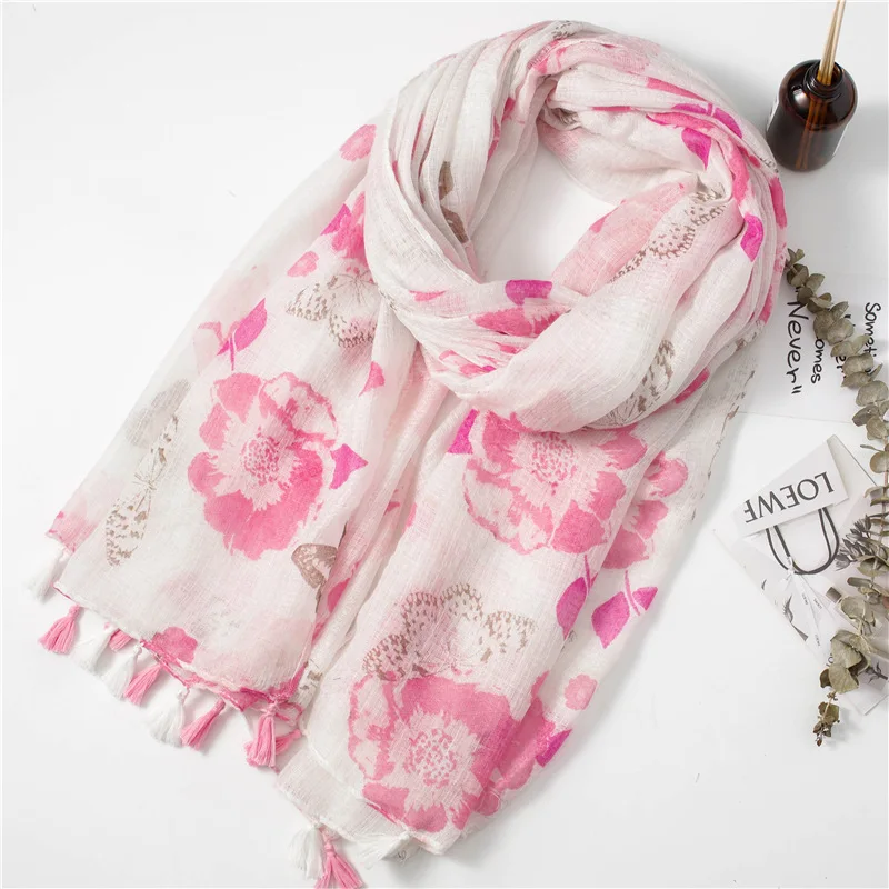 Women Butterfly Floral Pattern Tassel Scarf Quality Tassel Cotton Scarf