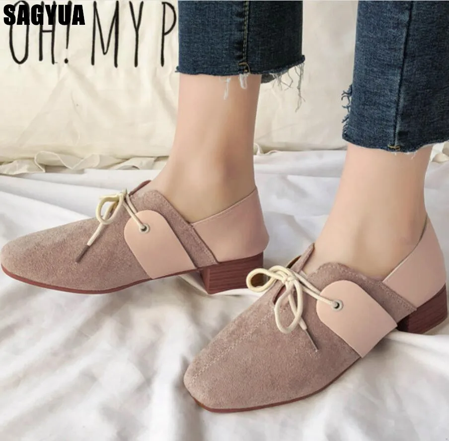 

Suede Thick heel shoes women Spring autumn new Square head ladies lace up Comfort Casual shoes slip on Office Female pumps A833