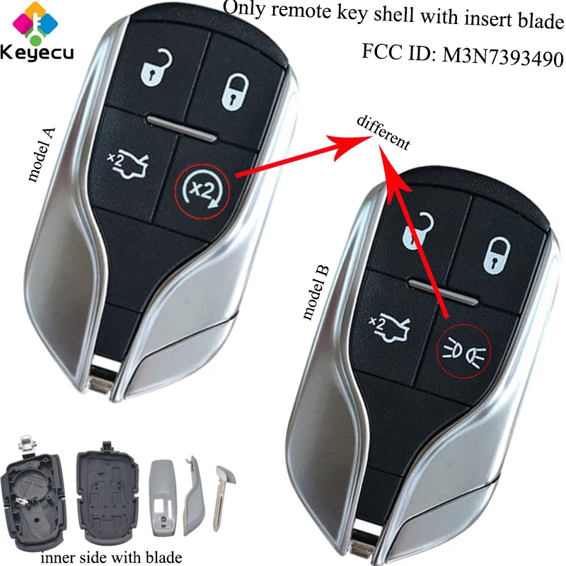 

KEYECU Smart Remote Key Shell - 4 Buttons Light Button & Insert Blade - FOB for Maserati Ghibli Quattroporte FCC ID: M3N-7393490
