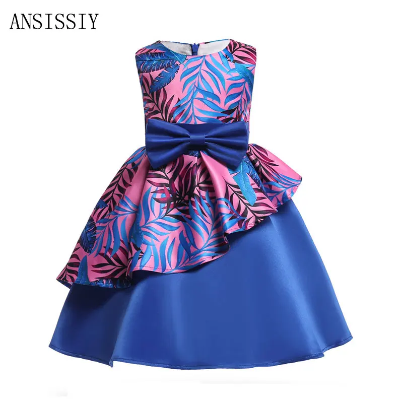 

New Baby Girl's Dress Flower Prints Irregular Big Bow Dress Kids Party Wear Formal Vestido Summer Clothes For 3-8 Years