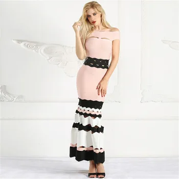 

Long Fashtail Dress Women Sexy Weaving Hollow Out Slash Neck Bandage Dress 2018 Elegant Designer Celebrity Party Dress