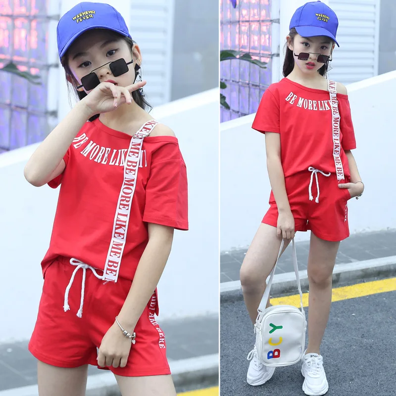 

Summer Girls Fashion Shoulder T-shirt and Shorts Clothes Sets 2019 Spring Short Sleeve Letter Printing Kids Suit Sets 4-12Years