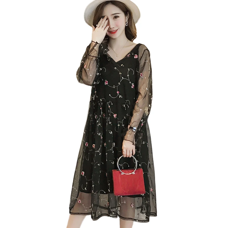

Plus Size Loose Pteris Embroidery Dresses for Pregnant Women Mesh Lace Midi Long Dress Pregnancy Elegant Fashion Clothes Black