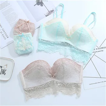 

New Sexy Seamless Underwear Set Fashion Women Romantic Blue Lace Embroidery Flowers Deep V Push Up Bra Set Thick Cotton Lingerie